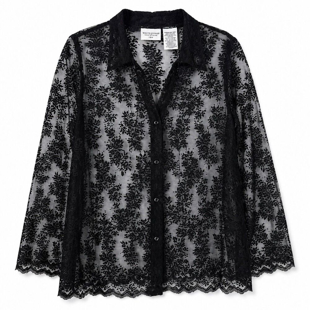 Vintage Whitestag  Shirt Women Plus 18W Black Sheer Collard Punk Whimsical Top